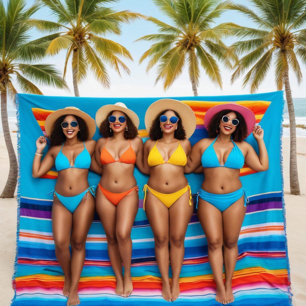A vibrant beach scene showcasing diverse women of different body types confidently wearing stylish bikinis, lounging on colorful beach towels under a bright sun. Incorporate elements like palm trees, beach umbrellas, and a sparkling ocean in the background, set against a backdrop of blue skies. Emphasize summer vibes with playful accessories like sunglasses and hats. super-realistic. vibrant colors.